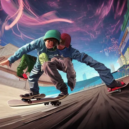 Image similar to skateboarding with friends when a dimensional rift opens up, in the style of artgerm Hiroya Oku Riyoko Ikeda, 3d render, artstation trending, 8k, octane render, photorealistic, sharp detail, manga