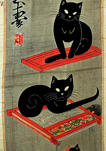 Prompt: black cat sleeping on shrine, by Shen Quan (1682—1760), trending on pixiv, HD, hanging scroll, ink and colour on silk, low saturation