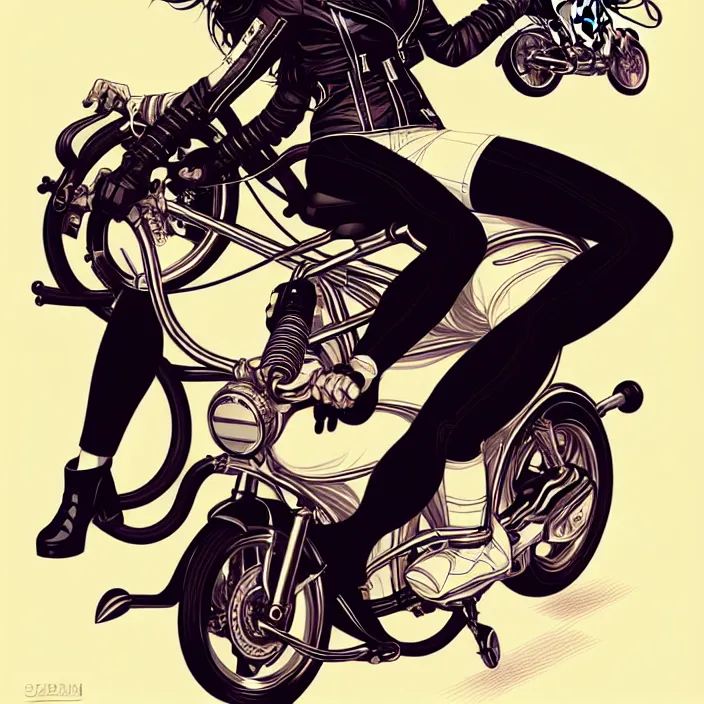 Image similar to female biker illustration, vector art style, medium shot, intricate, elegant, highly detailed, digital art, ffffound, art by jc leyendecker and sachin teng