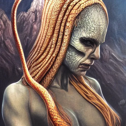 Image similar to snake woman, elden ring boss, matte painting, detailed, elden ring, oil on canvas