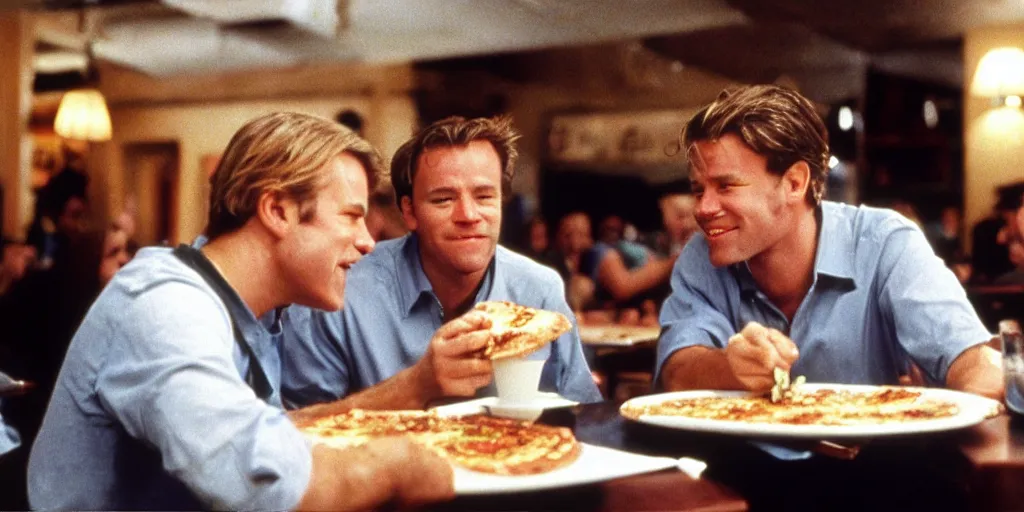 Image similar to color film of joe biden eating pizza in an italian restaurant 1 9 9 4 im the film of good will hunting, grinning, close up, detailed