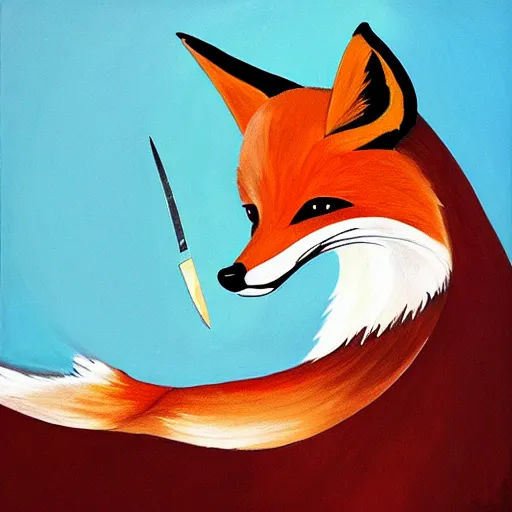 Prompt: painting of fox holding a knife with its mouth