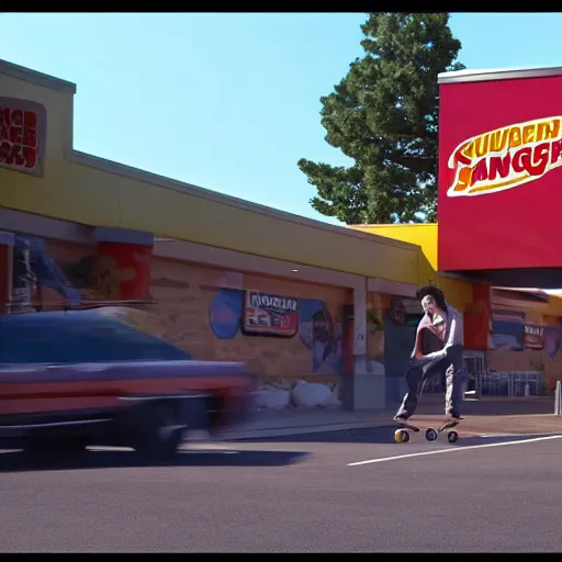 Image similar to kenny g skateboarding in a burger king parking lot, epic, cinematic, realism, ultra detailed, 8 k