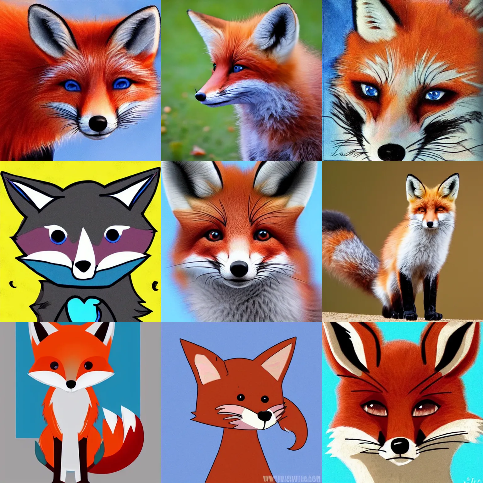 Prompt: a sweet cartoon fox with blue eyes