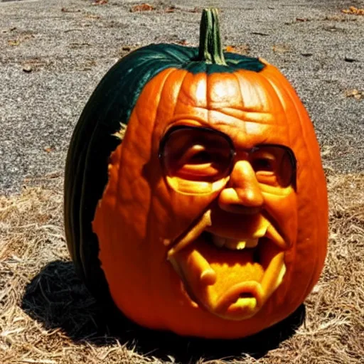 Prompt: a pumpkin carved to look like seth rogan