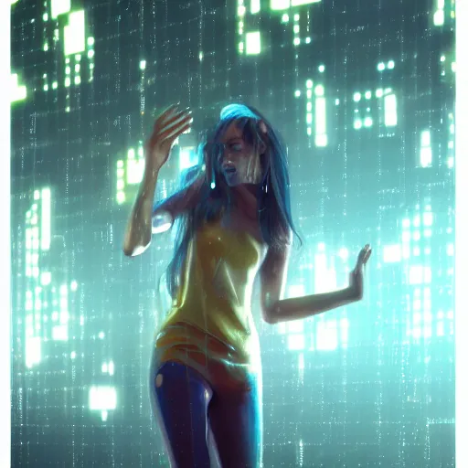 Image similar to hyperdetailed beautiful girl in the rain interacting with a holographic interface on a wall in a future cyber punk style city trending on cgsociety