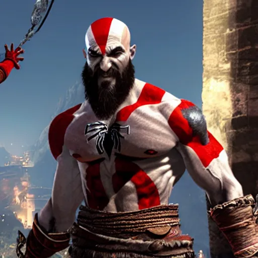 Prompt: kratos from god of war giving a high five to spiderman