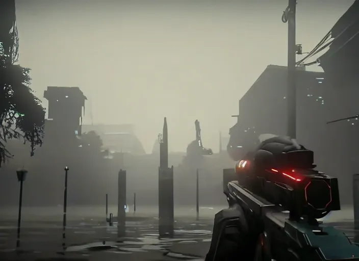 Image similar to 4k 60fps in-game destiny 2 gameplay showcase dark, misty, foggy, flooded rainy tokyo japan street in Destiny 2, liminal creepy, dark, dystopian, abandoned, highly detailed