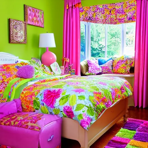 Image similar to a cozy bedroom decorated by Lisa Frank, detailed, high resolution, wow!, intricate