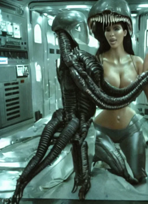 Image similar to film still of kim kardashian being held up by an xenomorph in Alien.