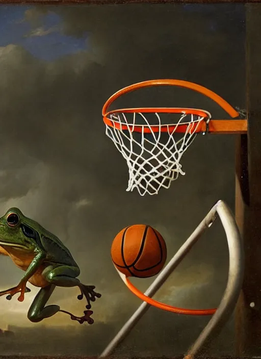 Prompt: a frog dunking a basketball into a basketball hoop highly detailed, sharp focus, matte painting, by isaac levitan and asher brown durand,