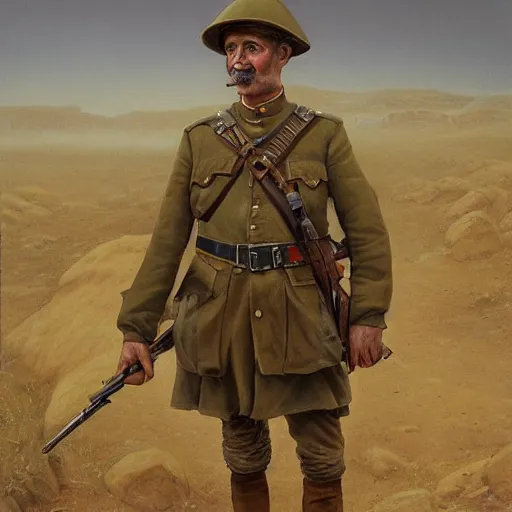 Image similar to a detailed photorealistic muted - color portrait painting of a 1 9 1 7 worried - looking british officer in field gear from the arab bureau in wadi rum, ultra realistic, intricate details, atmospheric, dark, brooding, highly detailed, by clyde caldwell