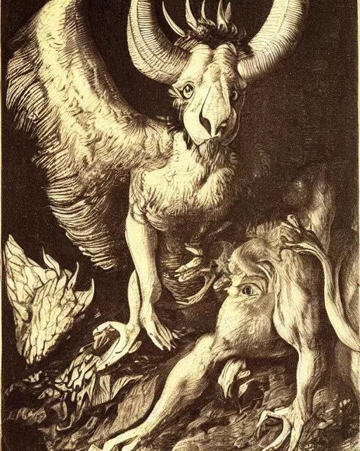 Image similar to a creature with the body and eyes of a man, with the beak of an eagle, the mane of a lion, and the horns of an ox. drawn by francis bacon