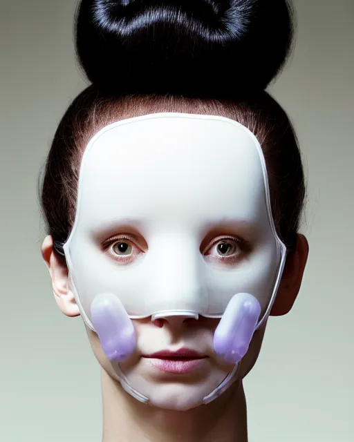 Image similar to portrait of a woman wearing a white embroidered translucent silicone mask and white lilac frizzy hair buns, wearing a black bodysuit by alexander mcqueen, cream white background, soft diffused light, biotechnology, humanoide robot, bjork aesthetic, translucent, by rineke dijkstra, intricate details, highly detailed, masterpiece,