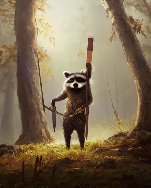 Prompt: oil painting of Anthropomorphized Racoon, holding spear, wearing hunter coat, proud look, full body, sharp focus, fantasy style, octane render, volumetric lighting, 8k high definition, by greg rutkowski, highly detailed, trending on art Station, magic the gathering artwork, woodland backround