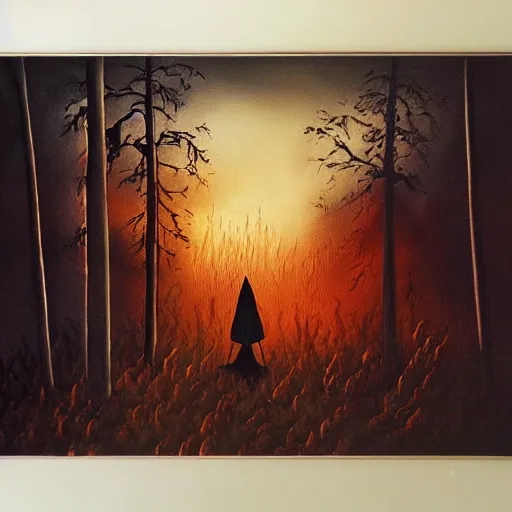 Image similar to ominous bedsheet ghost standing in a burning forest, oil painting, brush strokes, gloomy foggy atmosphere, symmetrical, full body image, highly ornate intricate details,