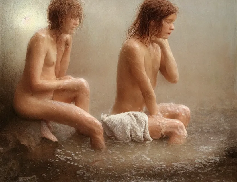 Prompt: peasant with wet hair taking a bath, cottage core, cinematic focus, polaroid photo bleached vintage pastel colors high - key lighting, soft lights, foggy, by steve hanks, by lisa yuskavage, by serov valentin, by tarkovsky, 8 k render, detailed, oil on canvas