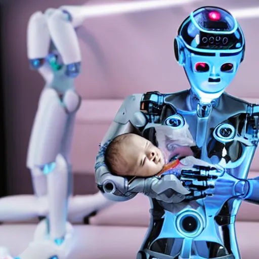 Prompt: cybernetic infant held lovingly by two robots