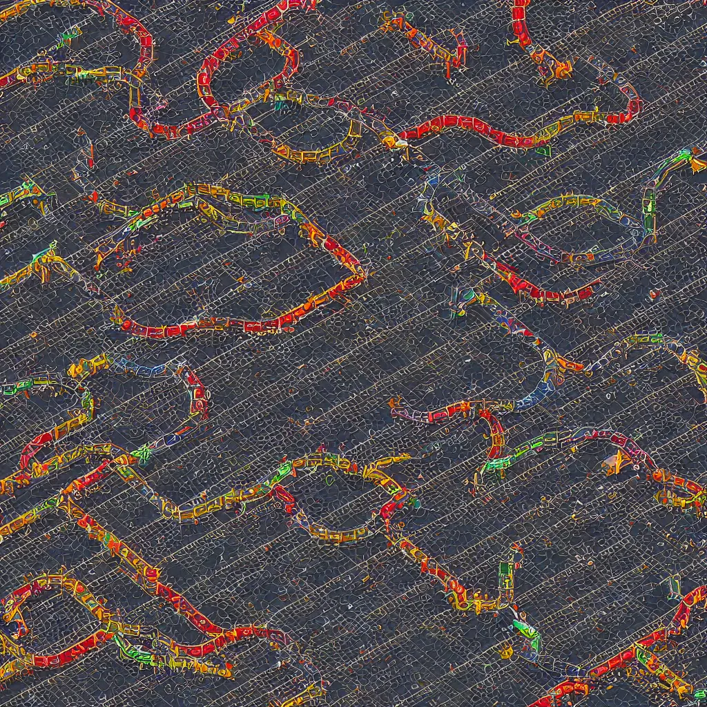 Prompt: train puzzle game. square grid of tracks. black background. top down 3 d rendered colorful trains and stations. trending on artstation. arnold render.