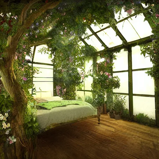 Prompt: a musical bedroom victorian greenhouse. The greenhouse is built into a giant oak tree, ornate, beautiful, atmosphere, vibe, flowers, concept art illustration, Greg rutowski, volumetric lighting,