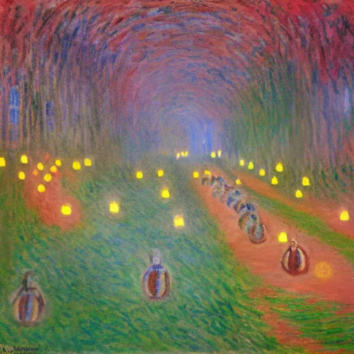 Image similar to painting of raccoon parade through a forest at night with colorful paper lanterns in the style of Claude Monet