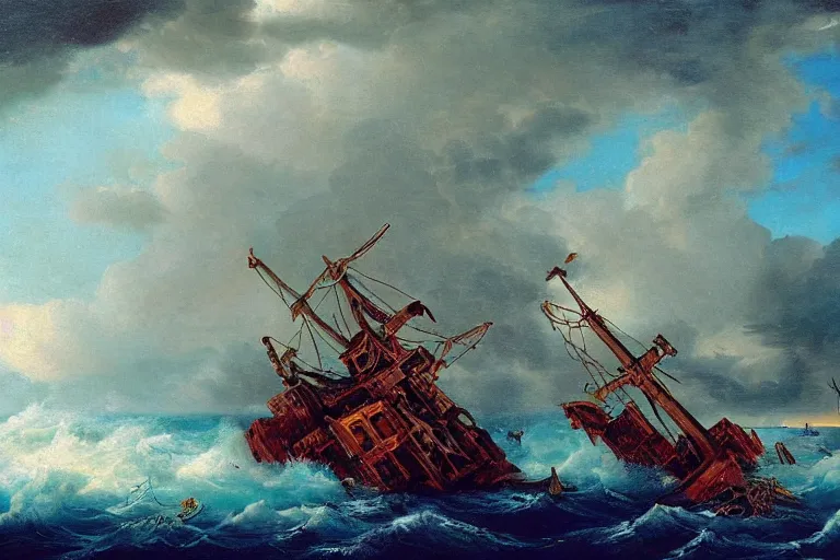 Image similar to shipwreck in the Bermuda triangle of a large ship, lightning and birds on the background oil painting