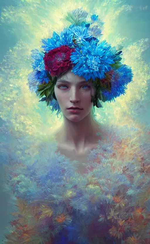 Image similar to a beautiful fantasy oil painting hyperrealism of a beautiful woman, flowers, floral headdress, 8 k resolution, octane render, trending on artstation, by gediminas pranckevicius, volumetric light 2 blue fractal thunder glow by dan mumford, anaglyph effect, laurie lipton