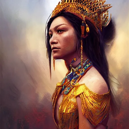 Image similar to Mayan queen, gorgeous portrait, intricate, elegant, volumetric lighting, scenery, digital painting, highly detailed, artstation, sharp focus, illustration, concept art, ruan jia, steve mccurry