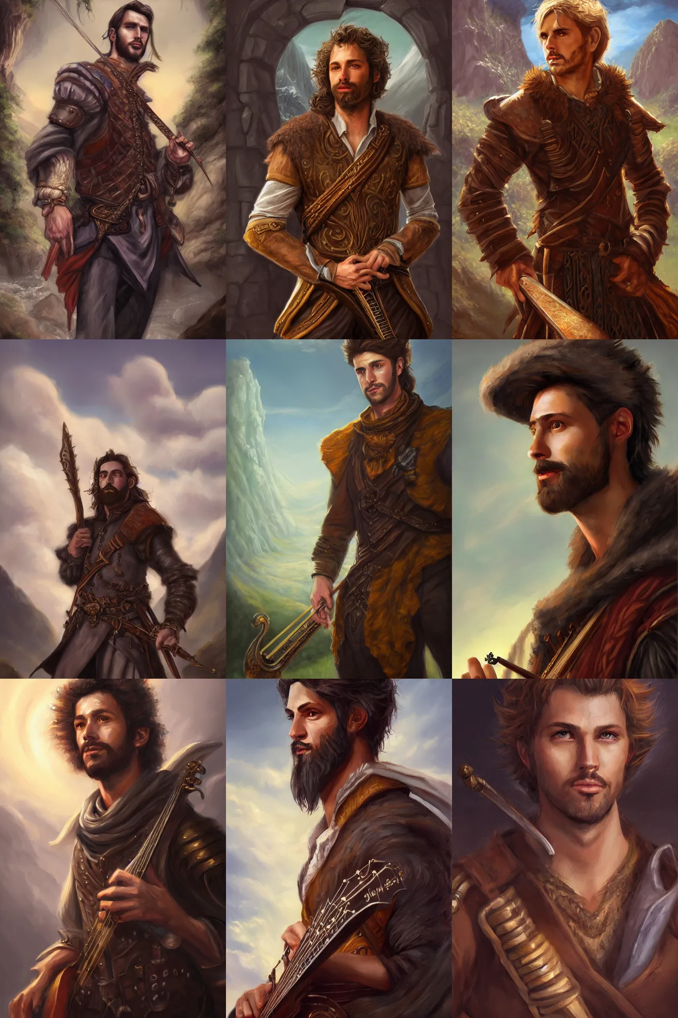 Image similar to a full body high detail fantasy portrait oil painting illustration of a single handsome male bard by justin sweet with face and body clearly visible, in a scenic background, intense eyes, realistic proportions, d & d, rpg, forgotten realms, artstation trending, high quality, sombre mood, artstation trending, muted colours, entire person visible!