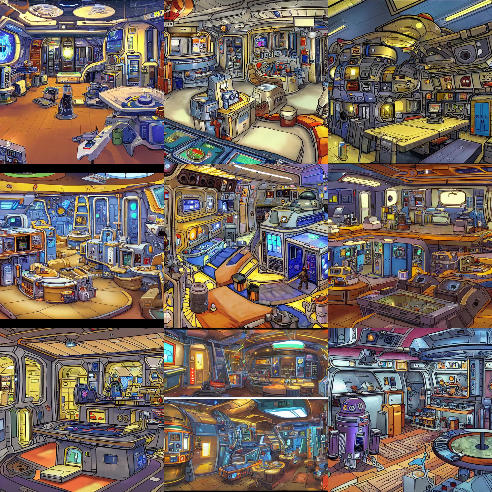 Prompt: a droid service and repair area inside a spaceship, from a lucasarts point and click 2 d graphic adventure game, art inspired by thomas kinkade