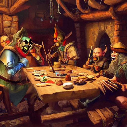 Prompt: a party of four adventurers, consisting of a orc rogue, a goblin wizard, an elf bard, and a human cleric celebrating their successful mission at a small medieval tavern, joyous, celebration, oil painting, 4 k w 1 0 8 8