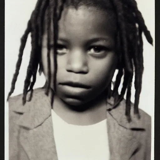 Prompt: photo of a black boy with colored dread, in dark room flash high polaroid effect ( 1 9 8 0 )