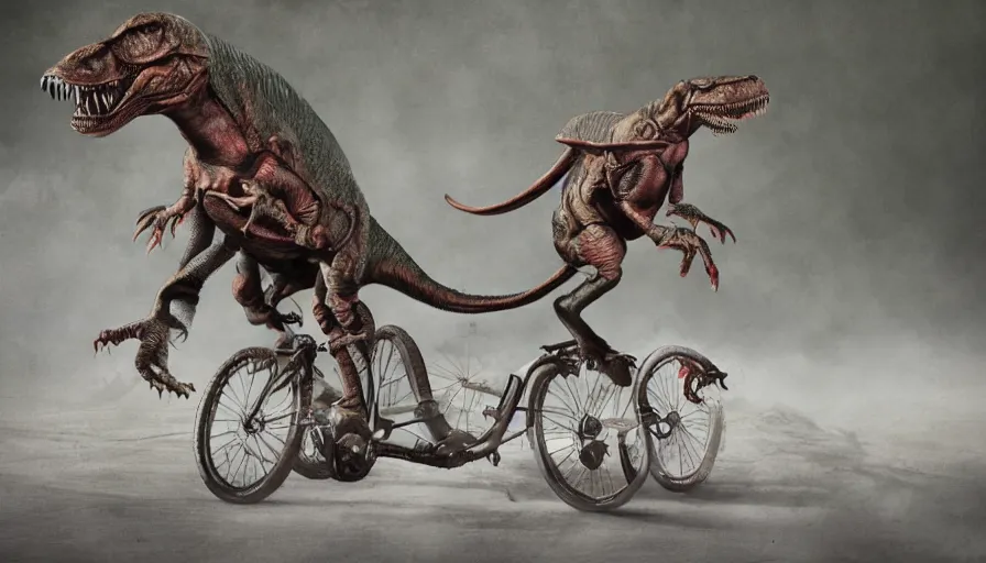 Prompt: a t - rex riding a bicycle, hyper realistic, anatomically accurate, high detail, photography