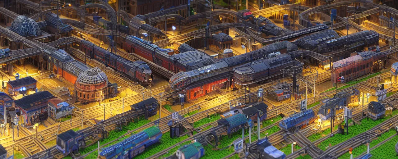 Image similar to mega detailed miniature voxel diorama of huge railway station by night, futuristic architecture, tilt shift, volumetric lighting, several trains on rails, near future 2 0 3 0