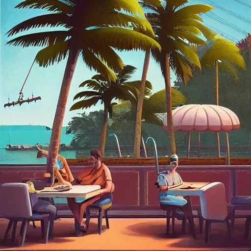 Image similar to inside diner at the beach with palm trees by simon stalenhag