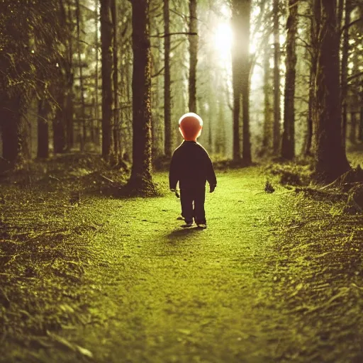 Prompt: little boy walking in the forest at night, scary, glowing balloon floating in the distance