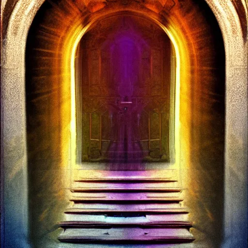 Image similar to a portal to a new universe inside of an ornate door frame, wide angle, golden light, rainbows, vortex, digital art, 1 6 : 9,