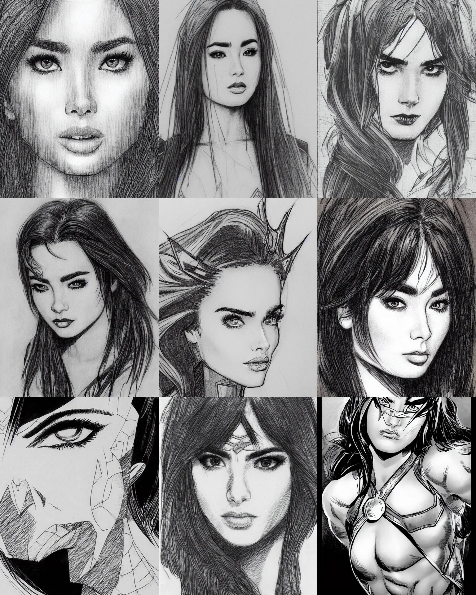 Prompt: jim lee!!! pencil sketch by jim lee close up headshot of lily collins as superhero in the style of jim lee, x-men superhero comic book character by jim lee
