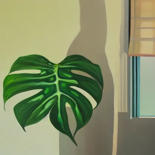 Image similar to “painting of a monstera plant, beams of sunlight streaming through the window, oil on canvas, hd”