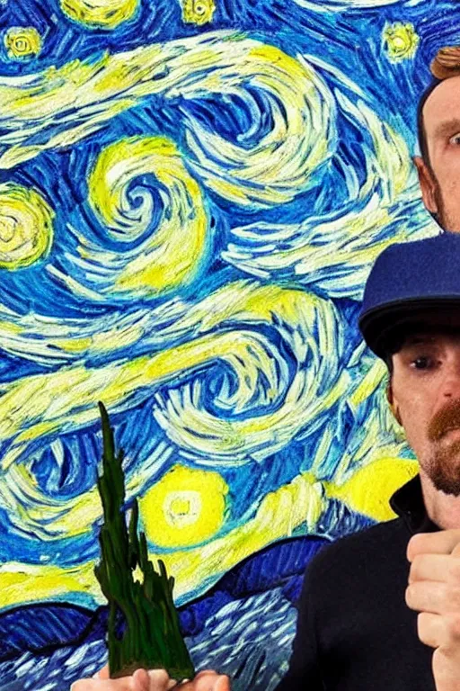 Image similar to joyous, fit, powerful, vincent van gogh standing next to his small painting starry night which is on an easel, stop motion vinyl action figure, plastic, toy, butcher billy style