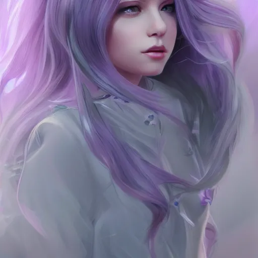 Image similar to teen girl, lavender hair, gorgeous, amazing, elegant, intricate, highly detailed, digital painting, artstation, concept art, sharp focus, illustration, art by Ross tran