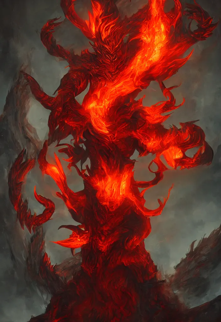Image similar to fiery god as a demon in a fiery hell, eerie, dark, magical, fantasy, trending on artstation, digital art.