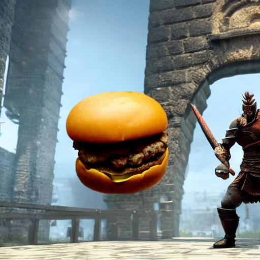 Prompt: a warrior fighting a giant cheeseburger demon that spits mustard. eldenring boss, zbrush, arnold render, unrealengine 5, dark souls, horror, extremely detailed
