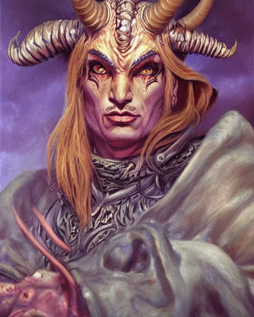 Image similar to detailed portrait of a male horned Tiefling as a powerful dungeons and dragons warlock, wearing dark robe, intricate, hyper detailed, lovecraftian, realistic, oil painting, by jeff easley, boris vallejo, cinematic lighting