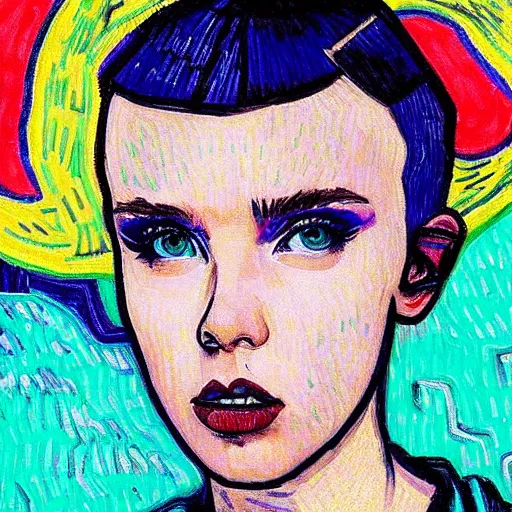 Image similar to Cyberpunk Millie Bobby Brown by Vincent Van Gogh