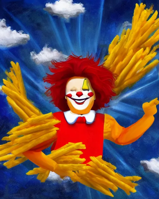 Prompt: ronald mcdonald as an angel ascending into the heavens with wings made entirely of french fries, cute chicken nuggets flying all around, sunbeams, clouds, digital painting