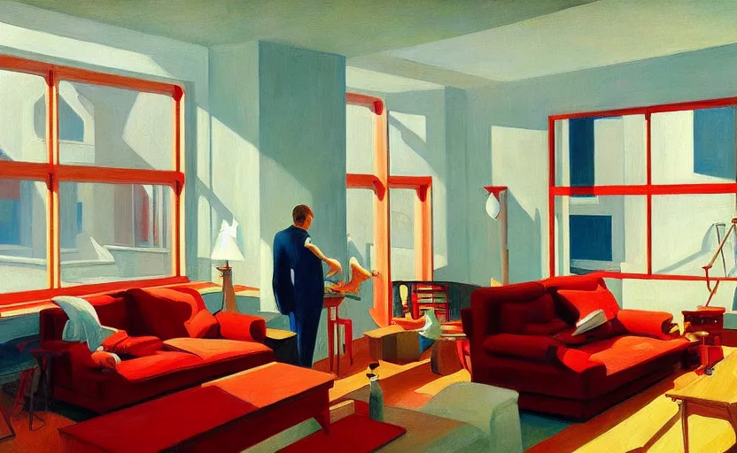 Image similar to Interior shot of contemporary cozy loft, very coherent, painted by Edward Hopper, painted by James Gilleard, airbrush, art by JamesJean