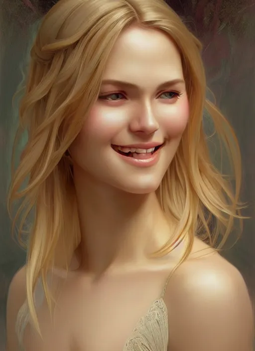 Image similar to beautiful feminine face!! portrait of young wife blessed by god with ever - increasing physical mental perfection, blonde, symmetrical!! intricate, sensual features, highly detailed, divine holy perfection!! smile, digital painting, artstation, concept art, smooth, sharp focus, illustration, art by artgerm and greg rutkowski and alphonse mucha