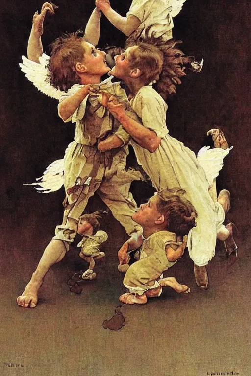 Image similar to sad lions dancing with angels by norman rockwell