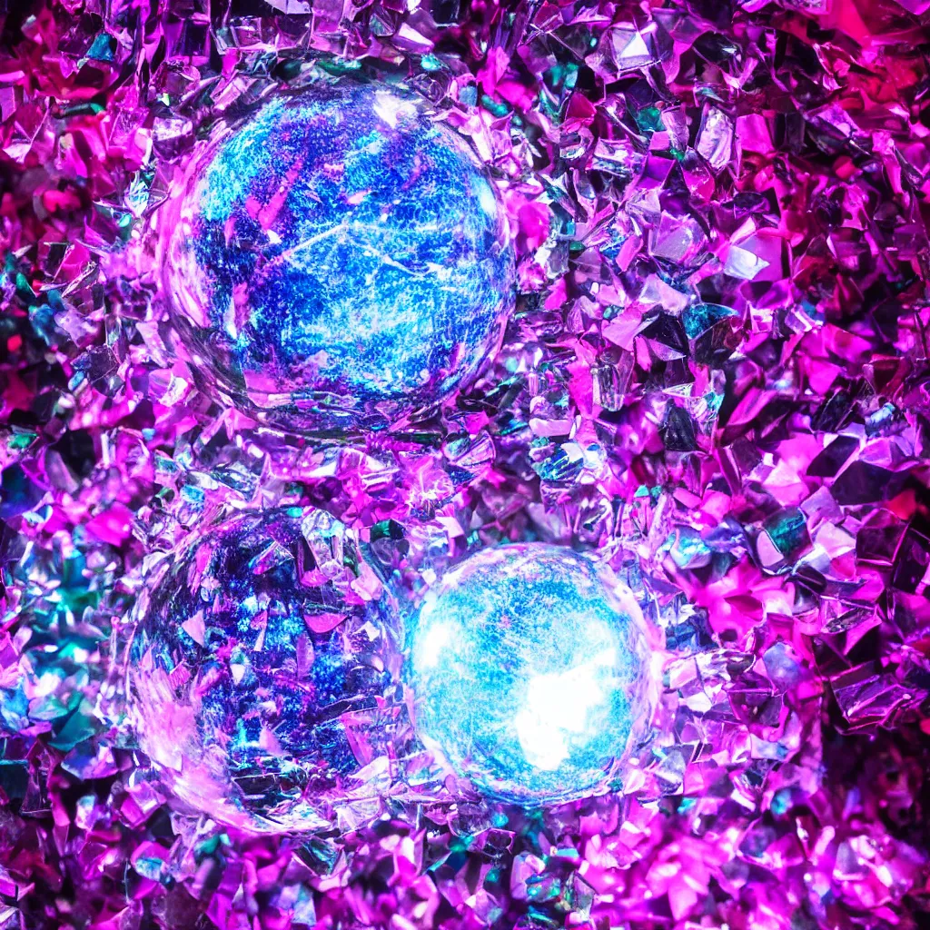 Image similar to a sphere of holographic knives made with pink lasers and blue crystals, cinematic shot of a goth disco in a cave, 8k photograph